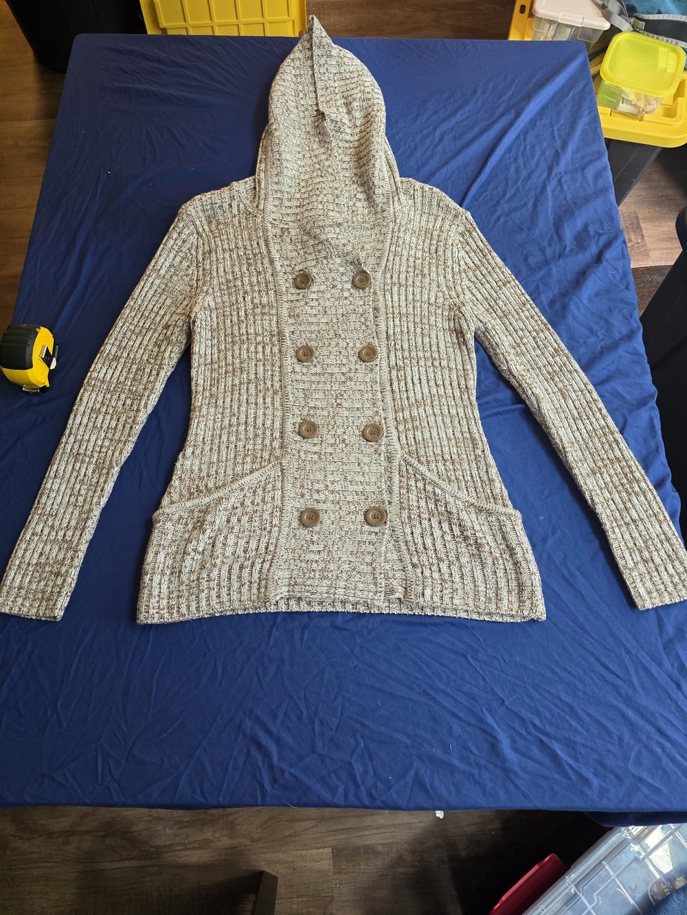 Hooded Double-Breasted Knit Sweater - Cream/Brown